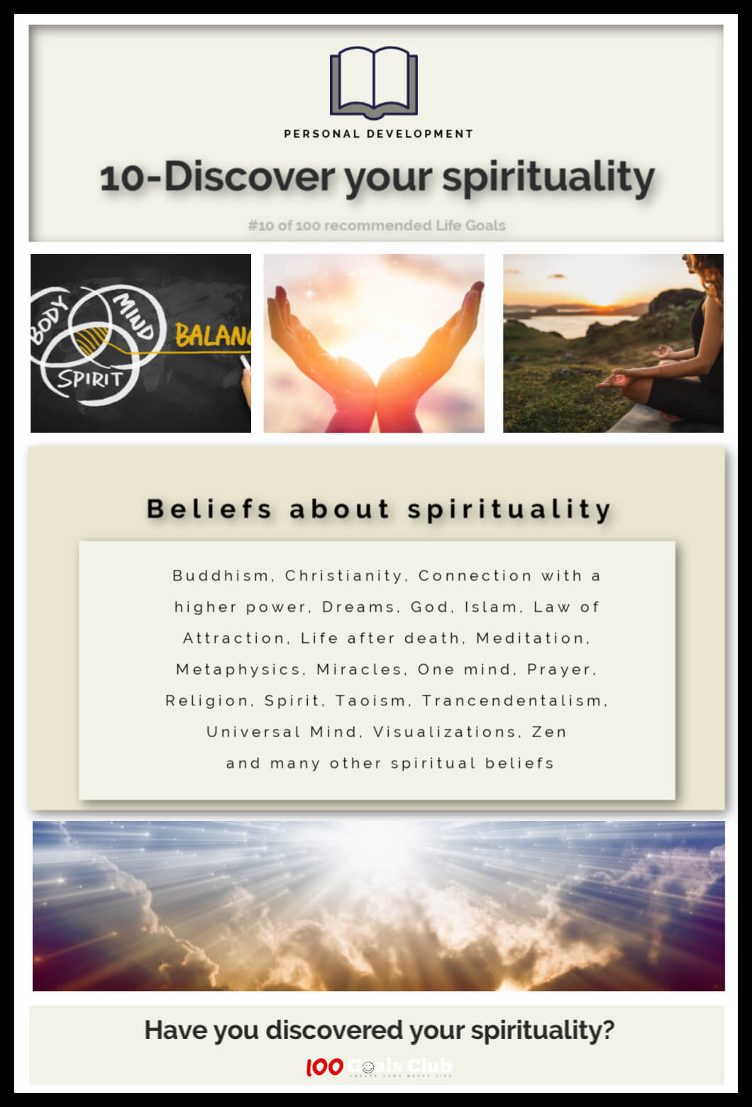 It is said that we all have a mind, a body, and a spirit.  It is important to discover your spirituality. It is tangible to understand one’s mind and body, but the spirit is more allusive and the subject of many interpretations and beliefs.