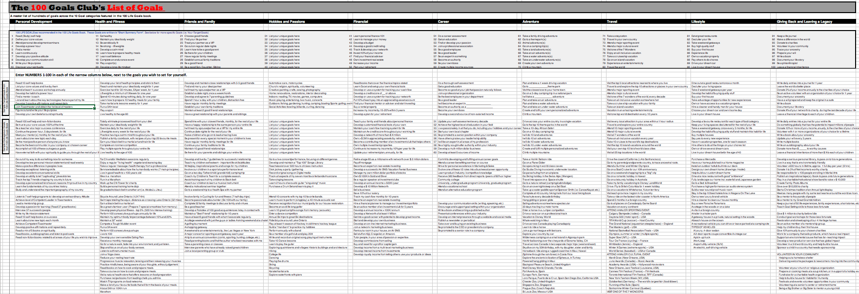 Master list of Life Goals, with hundreds to choose from